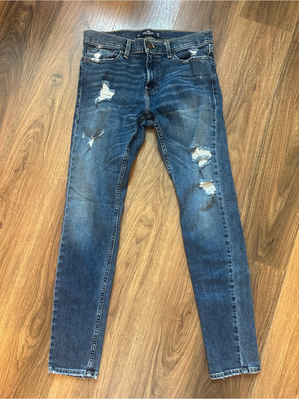 Hollister Men's Distressed Skinny Jeans - Dark Blue